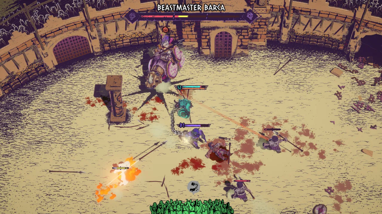 Boss fight against Beastmaster Barca on an armored rhino in a sand arena with a BEASTMASTER BARCA banner and chained players.