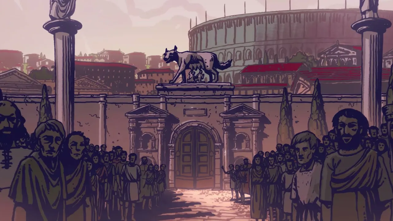 Illustrated crowd in Roman dress flanks a stone gate topped with a wolf-and-twins statue and a distant colosseum arena on launch day art.