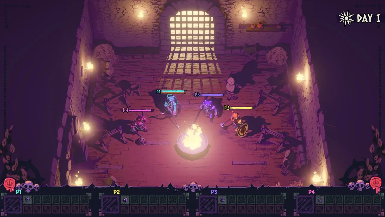 Four beast gladiators labeled P1–P4 stand around a campfire in a stone room on Day 1 with a sun icon and player HUD at the bottom.