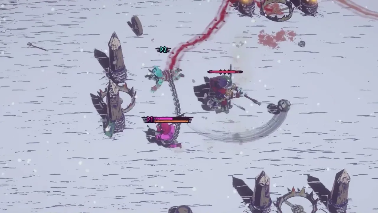 Large armored enemy swings a flail against chained players P1 and P2 in a snowy arena with blood trails and wooden stakes.