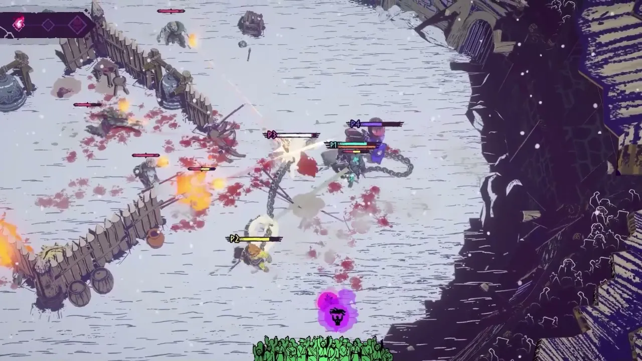 Four players P1 through P4 linked by a central chain fight enemies in a snowy arena with wooden barricades and bell frames visible.