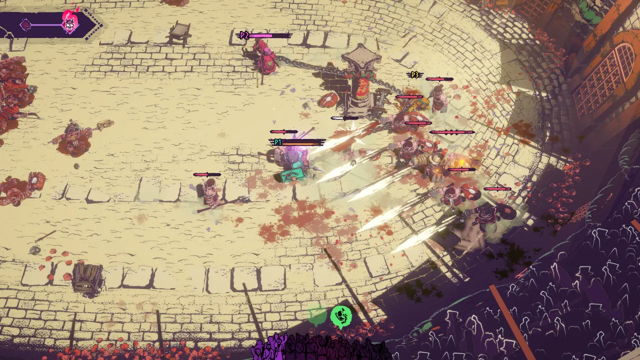 Three players P1–P3 battle a line of enemies in a cobblestone arena while P2’s chain is wrapped around a central pillar.