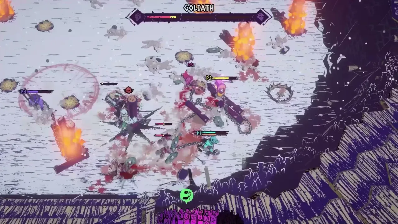 Four players labeled P1–P4 chain-fight Goliath in a snowy arena with fire, traps, and a GOLIATH boss bar.