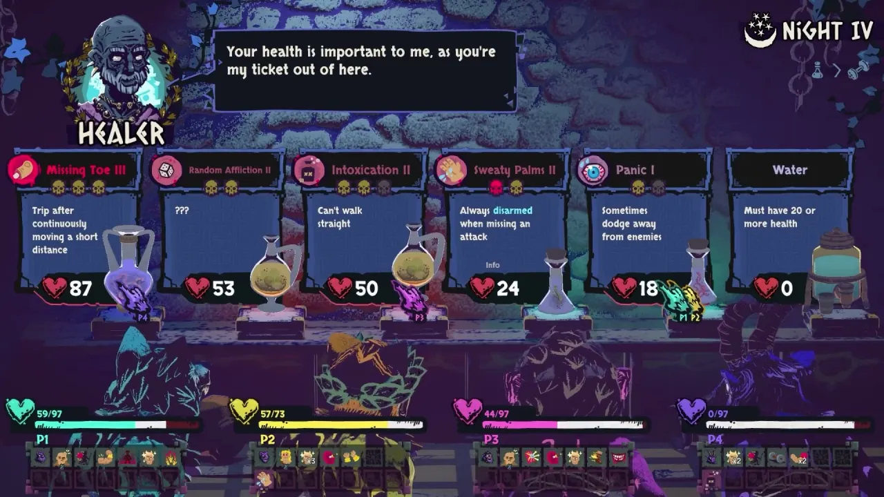 Healer on Night IV offers affliction cures and water with heart-point costs while four player health totals show one player at 0/97.