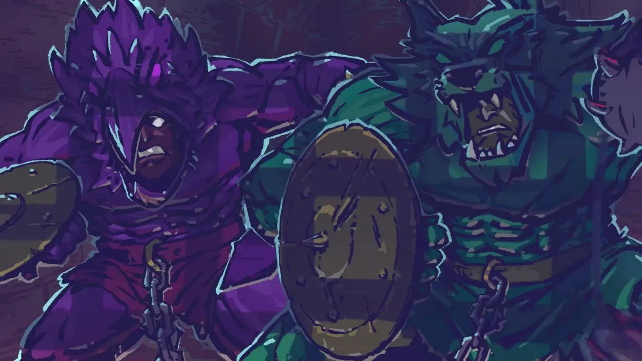 Two muscular gladiators in purple and green beast masks charge forward, linked by a chain at their waists in a painted cutscene.