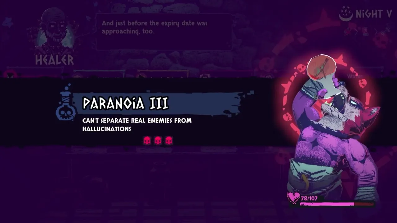 Paranoia III popup at the Healer on Night V describes hallucinations while a purple beast drinks a potion at 78/107 HP.