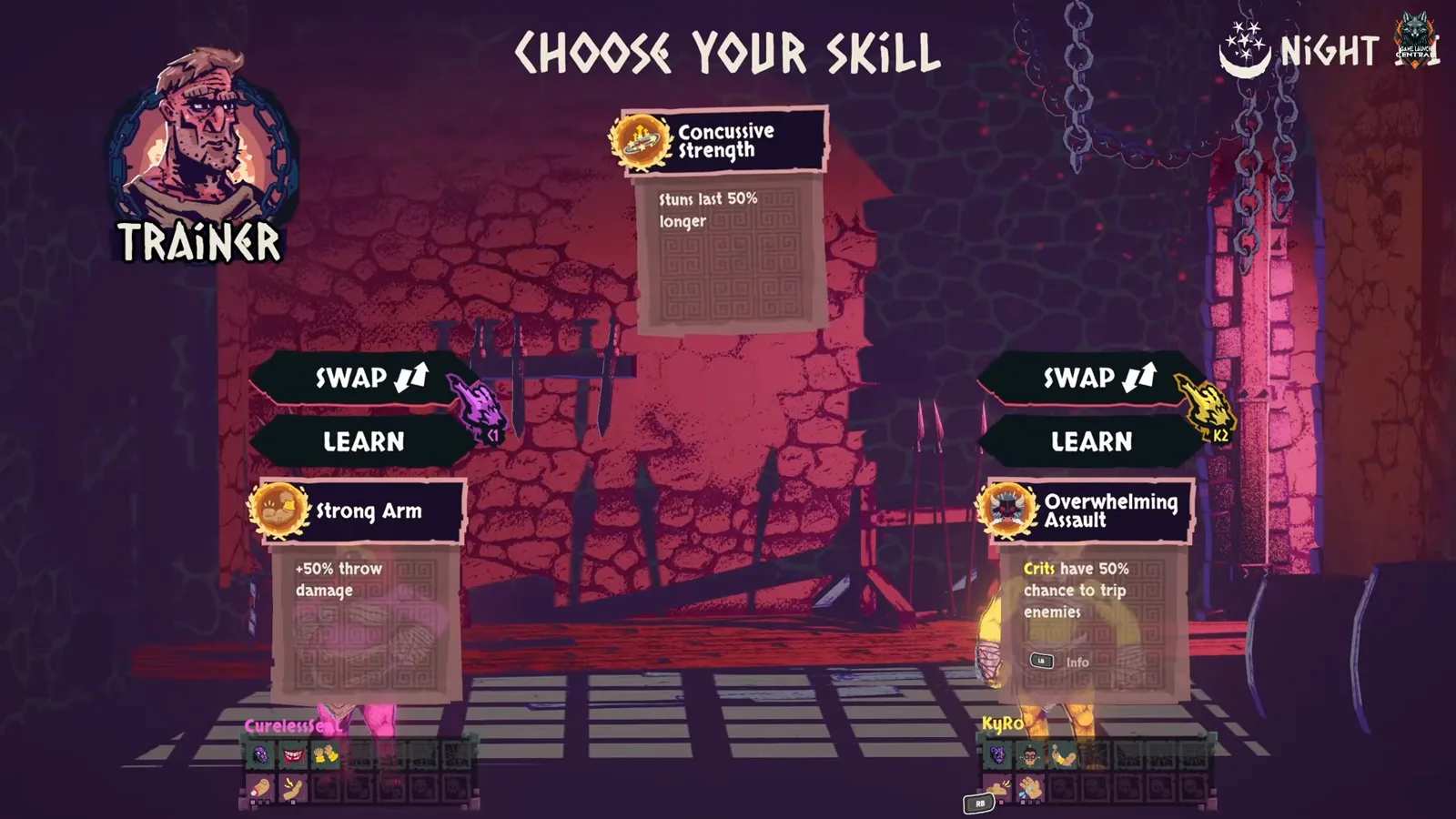夜フェーズのChoose Your Skill TrainerにConcussive Strength、Strong Arm、Overwhelming AssaultのカードとSWAP・LEARNボタン。