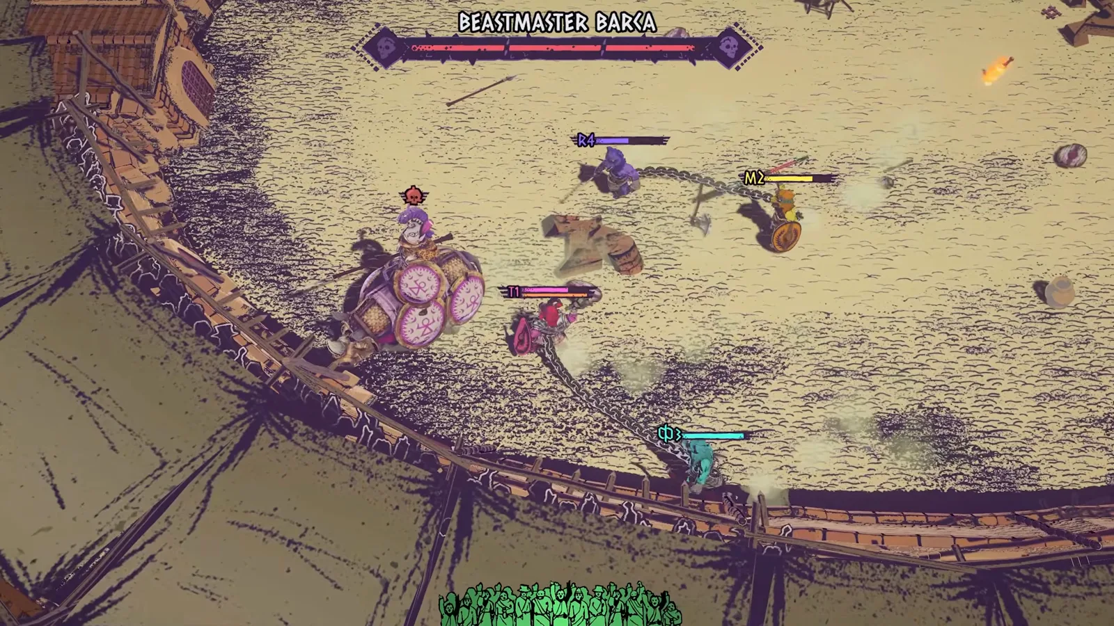 Beastmaster Barca on a pink-tinted rhino in a bloody sand arena as chained gladiators spread out beneath the boss health bar.