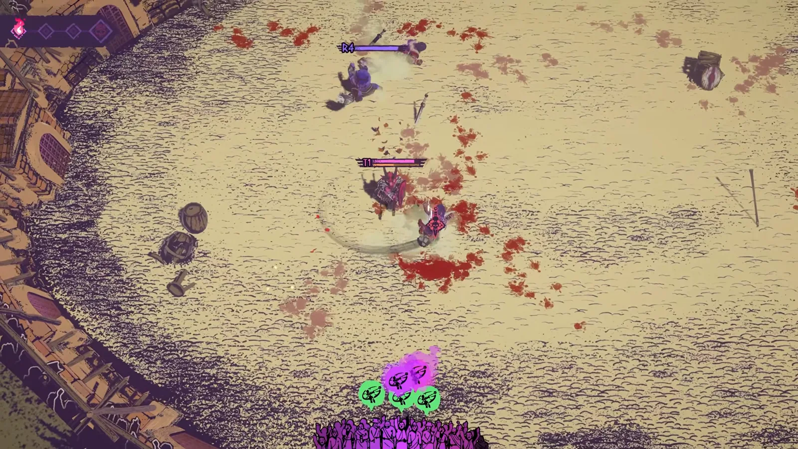 Gladiator performing a wide circular whirlwind chain swing with a white arc and blood spray in a sand arena as ability icons glow on the HUD.