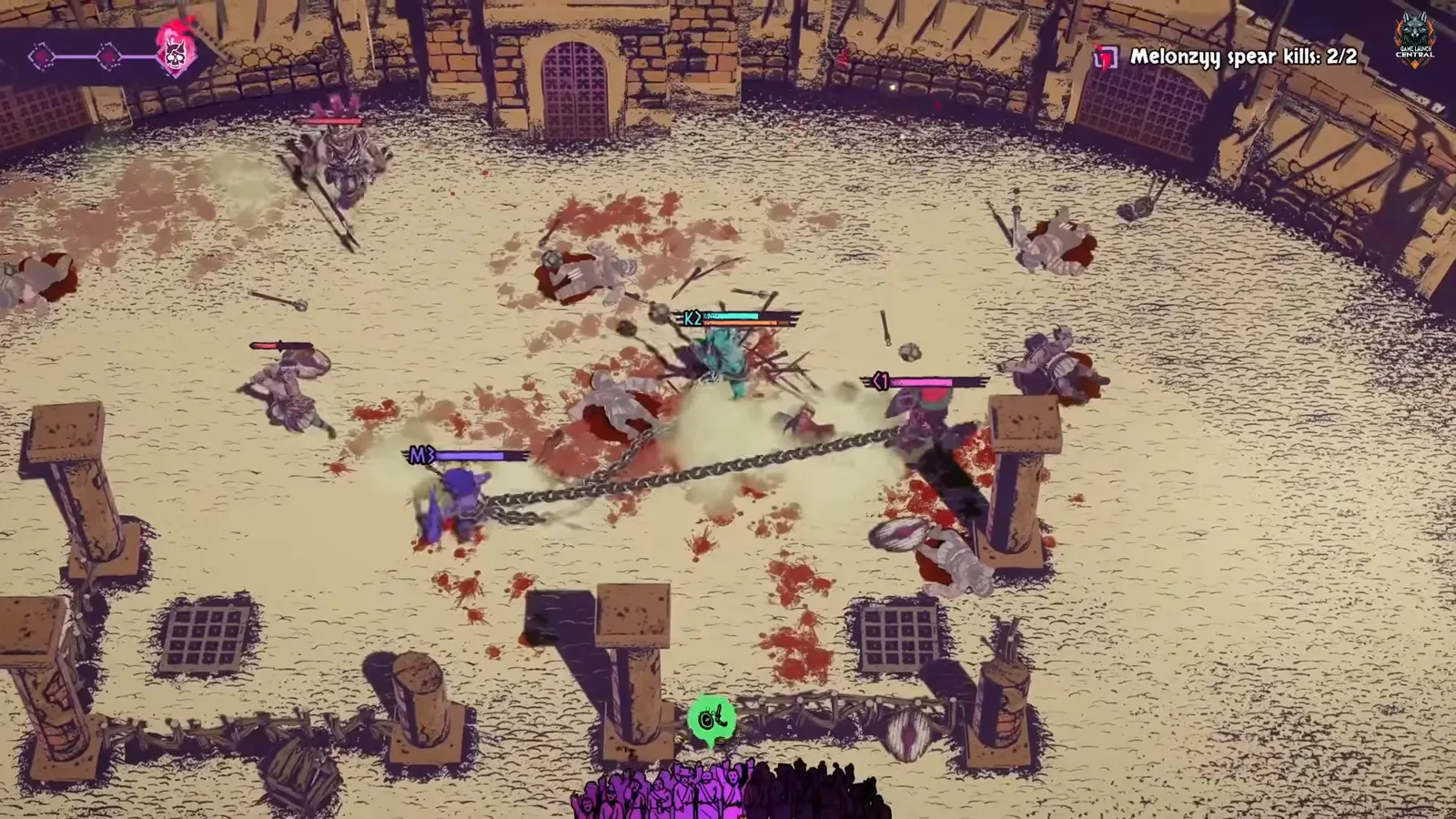 Chained gladiators wrapping a long iron chain around stone pillars in a sand arena to trip enemies while tracking a Militia spear kill objective.
