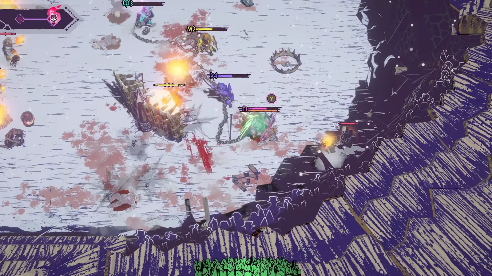 Several chained gladiators fighting beside a jagged arena wall with fire bursts and a circular metal bear trap on the sand.