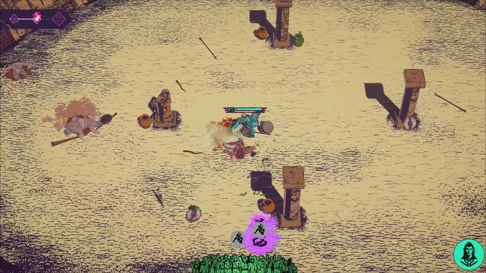 Wolf gladiator weaving between square stone pillars in a debris-strewn sand arena to keep the chain line clear.
