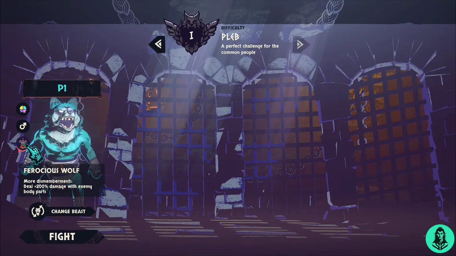 Pre-fight selection screen with P1 choosing the Ferocious Wolf variant and Pleb difficulty in front of closed iron portcullis gates.