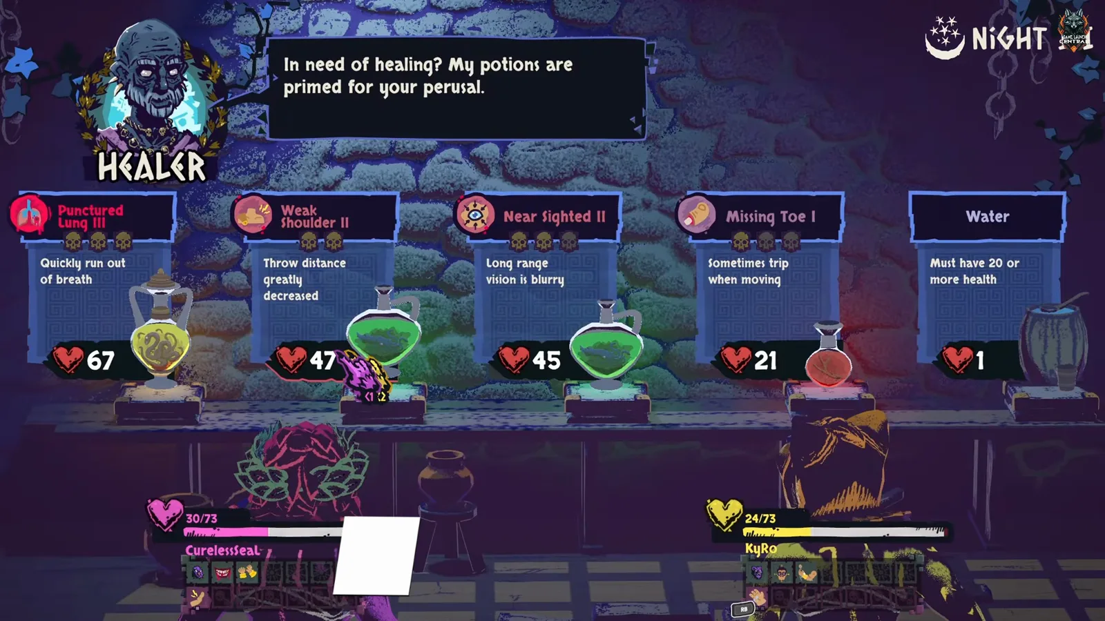 Night 1 Healer menu in Chained Beasts showing five potion cards including Punctured Lung III, Weak Shoulders II, Near Sighted II, Missing Toe I, and Water.