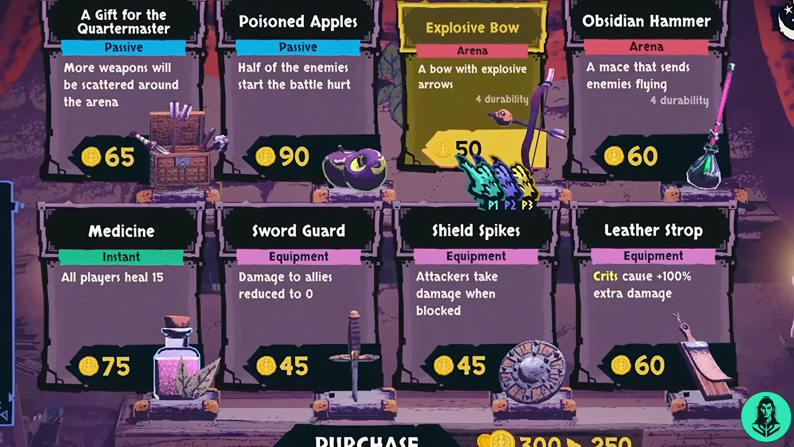 Interface marchand alternative avec cadeau Quartermaster, Poisoned Apples, Explosive Bow, Obsidian Hammer et upgrades défensifs.